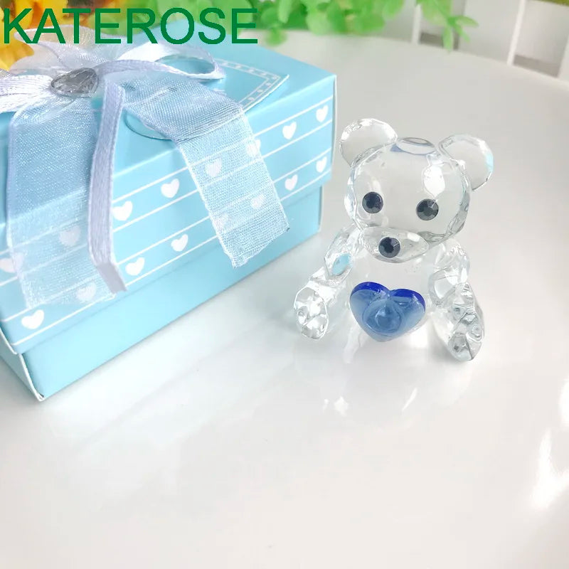 Choice Crystal Collection Teddy Bear Figurines with Blue and Pink Heart For Boy/Girl Baby Shower Favors