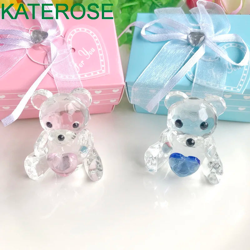 Choice Crystal Collection Teddy Bear Figurines with Blue and Pink Heart For Boy/Girl Baby Shower Favors