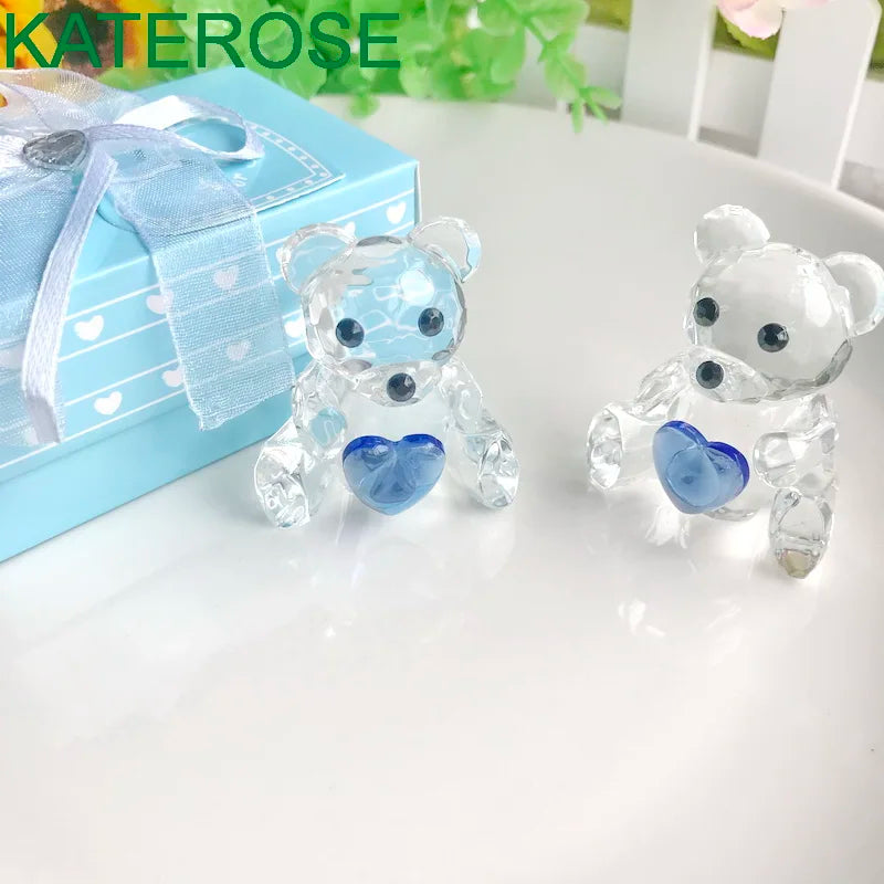 Choice Crystal Collection Teddy Bear Figurines with Blue and Pink Heart For Boy/Girl Baby Shower Favors