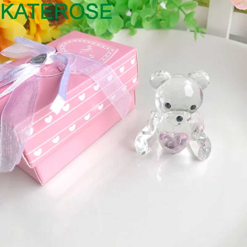 Choice Crystal Collection Teddy Bear Figurines with Blue and Pink Heart For Boy/Girl Baby Shower Favors