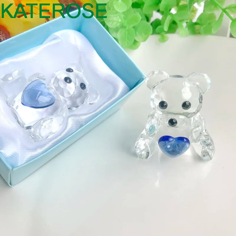 Choice Crystal Collection Teddy Bear Figurines with Blue and Pink Heart For Boy/Girl Baby Shower Favors