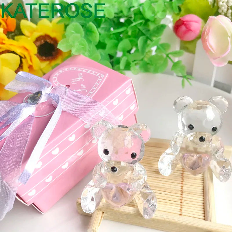 Choice Crystal Collection Teddy Bear Figurines with Blue and Pink Heart For Boy/Girl Baby Shower Favors