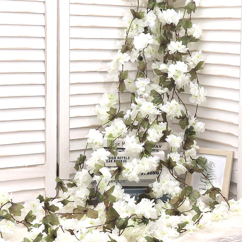 Artificial Sakura Flowers Vine Hanging Fake Floral Garland Home Garden Wedding Arch Party Cherry Blossom Wall Decor Arrangement