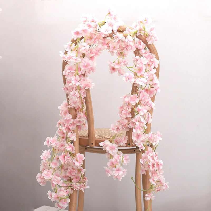 Artificial Sakura Flowers Vine Hanging Fake Floral Garland Home Garden Wedding Arch Party Cherry Blossom Wall Decor Arrangement