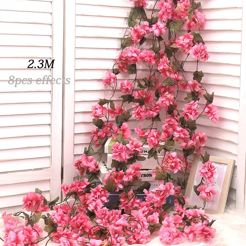 Artificial Sakura Flowers Vine Hanging Fake Floral Garland Home Garden Wedding Arch Party Cherry Blossom Wall Decor Arrangement