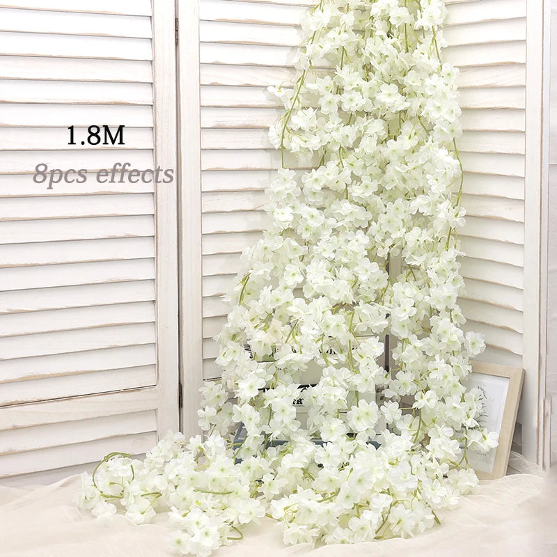 Artificial Sakura Flowers Vine Hanging Fake Floral Garland Home Garden Wedding Arch Party Cherry Blossom Wall Decor Arrangement