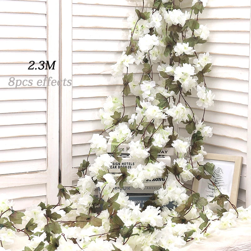 Artificial Sakura Flowers Vine Hanging Fake Floral Garland Home Garden Wedding Arch Party Cherry Blossom Wall Decor Arrangement