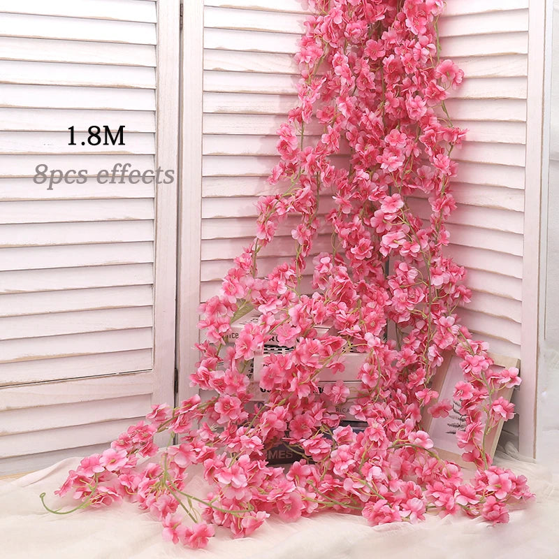 Artificial Sakura Flowers Vine Hanging Fake Floral Garland Home Garden Wedding Arch Party Cherry Blossom Wall Decor Arrangement