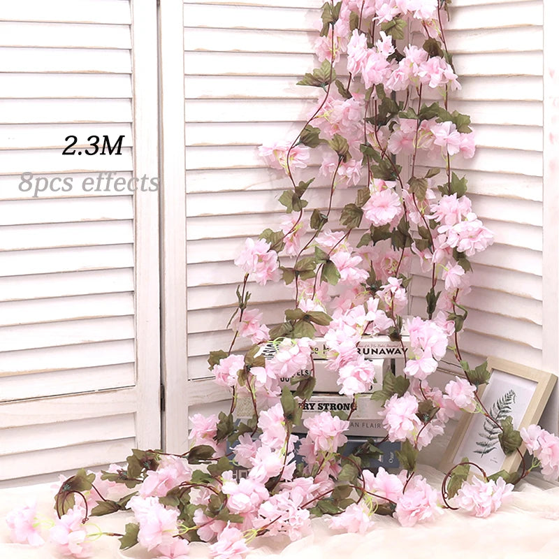 Artificial Sakura Flowers Vine Hanging Fake Floral Garland Home Garden Wedding Arch Party Cherry Blossom Wall Decor Arrangement