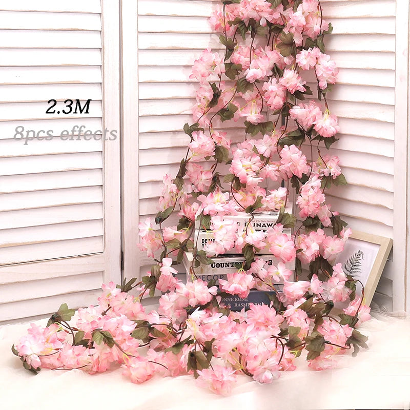 Artificial Sakura Flowers Vine Hanging Fake Floral Garland Home Garden Wedding Arch Party Cherry Blossom Wall Decor Arrangement