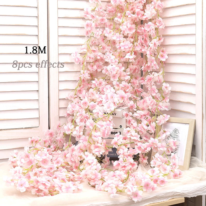 Artificial Sakura Flowers Vine Hanging Fake Floral Garland Home Garden Wedding Arch Party Cherry Blossom Wall Decor Arrangement