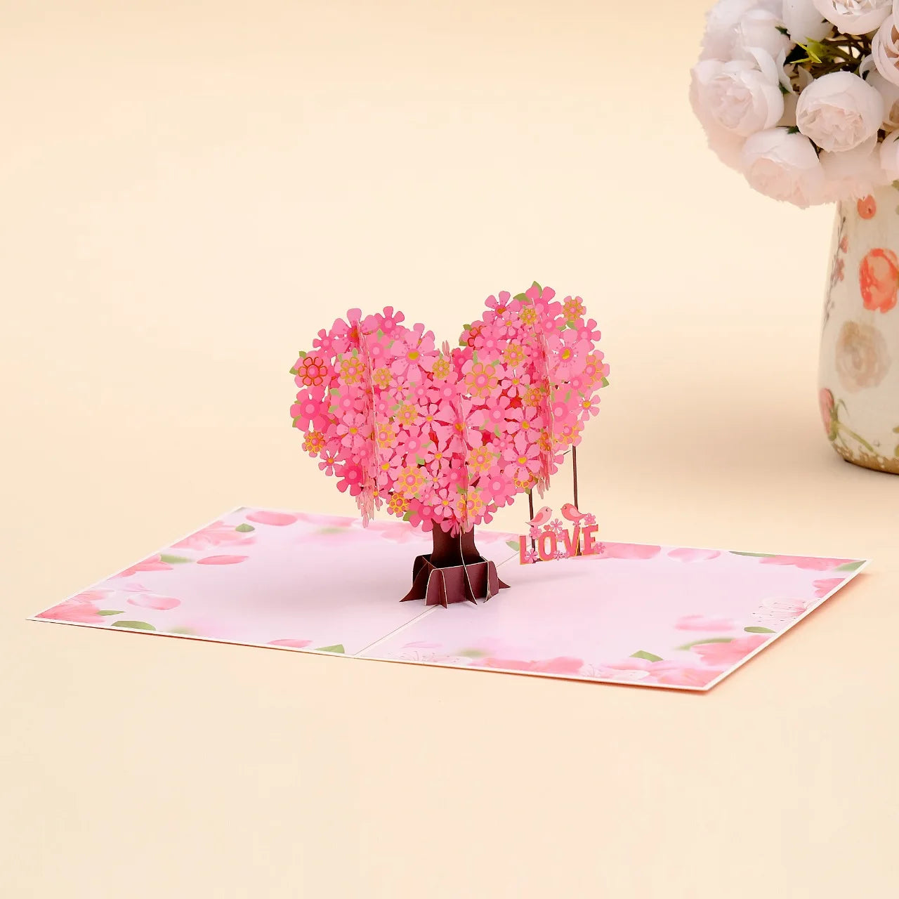 Romantic Cherry Blossom 3D Pop-Up Card Paper Art, Pink Love Heart Greeting Card for Mother’s Day, Wedding, Valentine’s Gift